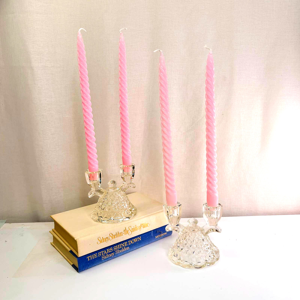 Imperial Candle Holder Clear Crystal Double Cone Base Laced Edge 4.5" Set of 2